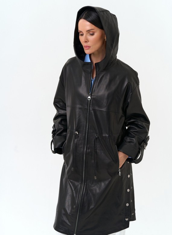 Женский плащ из натуральной кожи с капюшоном