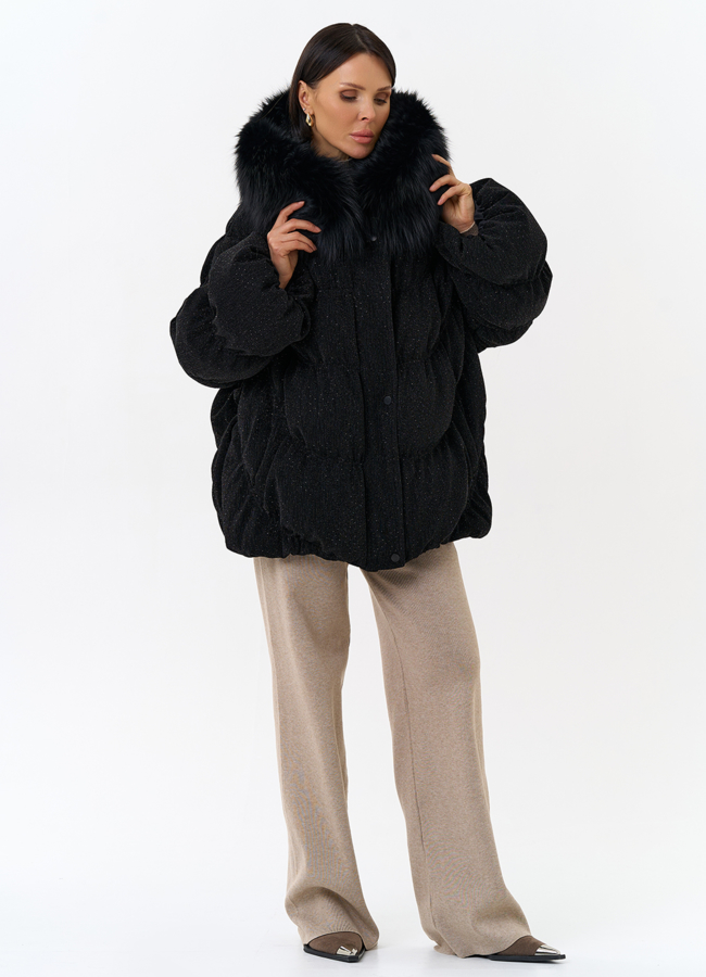 Женский блестящий пуховик с отделкой из меха чернобурки модель № 31816 в кредит