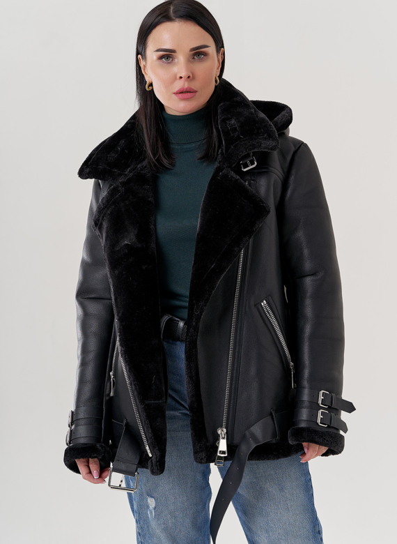 Женская дубленка пилот из эко кожи черно цвета 