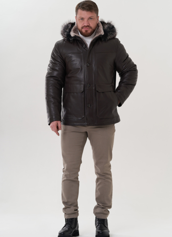 Пуховик из натуральной кожи с капюшоном