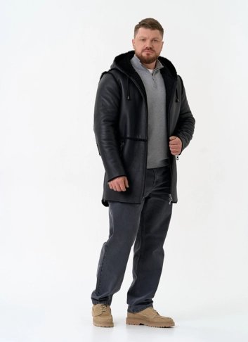 Мужская натуральная дубленка с капюшоном фото