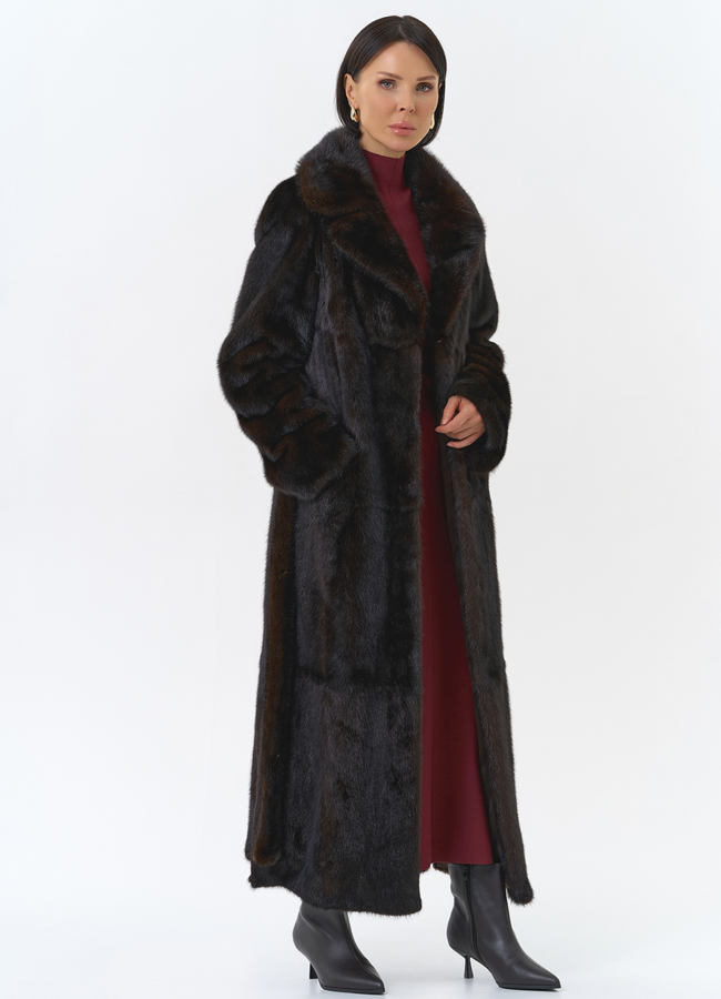 Длинная шуба из меха норки с английским воротником модель № 27597 универмаг малина