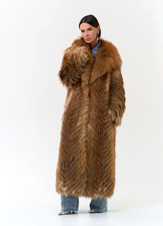 Длинная шуба из рыжей лисы модель № 34165 универмаг малина