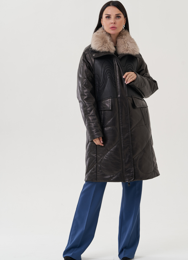 фото Пуховик из натуральной кожи с отделкой из меха песца модель № 25376