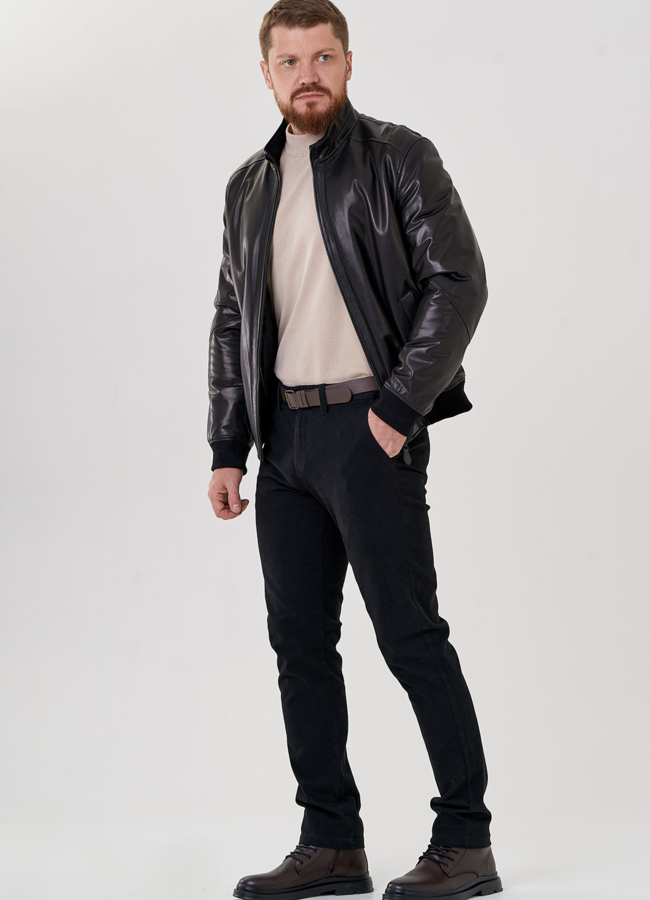 фото Куртка мужская черного цвета из натуральной кожи модель № 33105