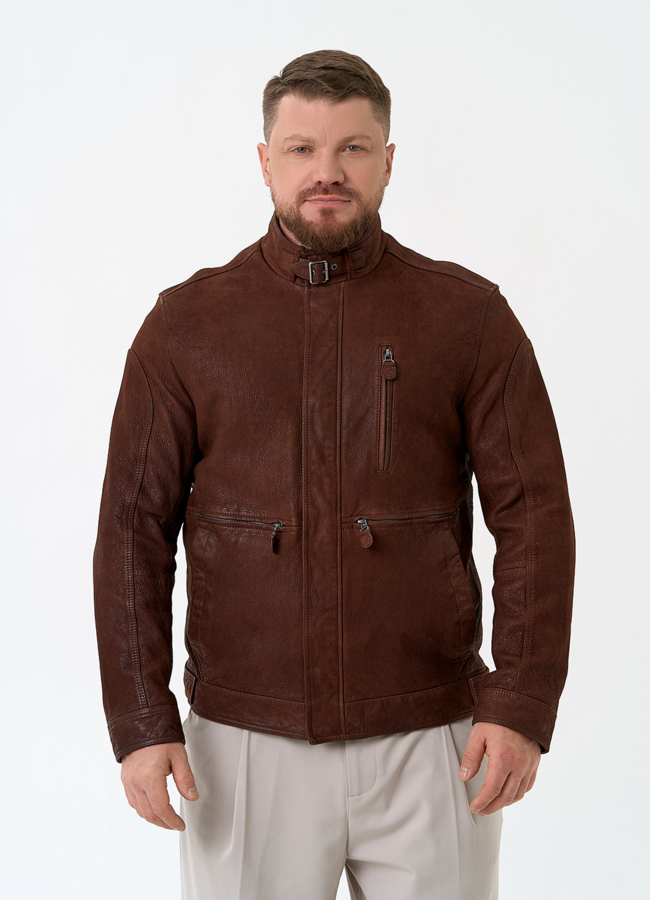 Мужская куртка из натуральной кожи коричневого цвета модель № 32746 универмаг малина
