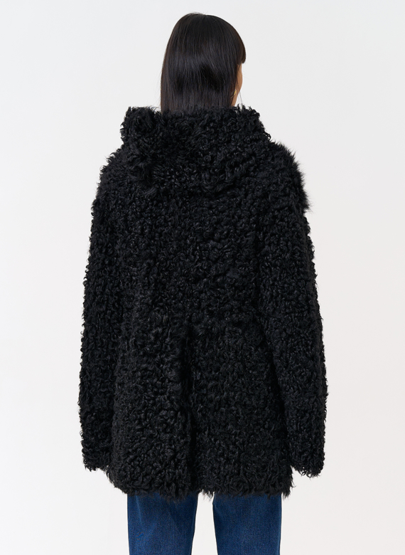 Женская двухсторонняя дубленка с капюшоном