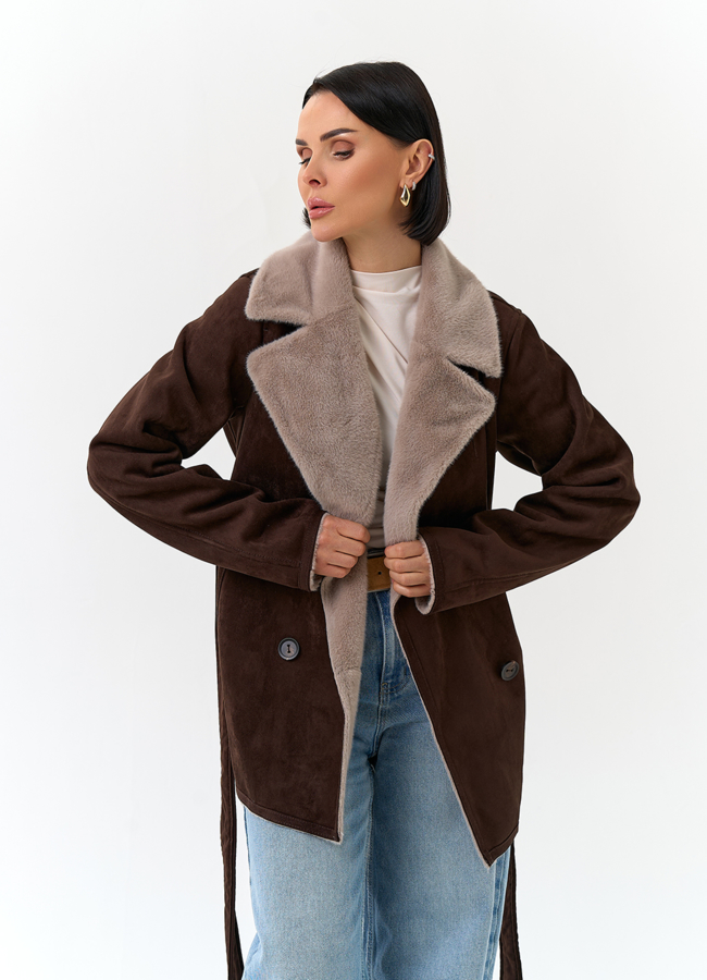 Женская двухсторонняя дубленка из эко замши модель № 32790 универмаг малина