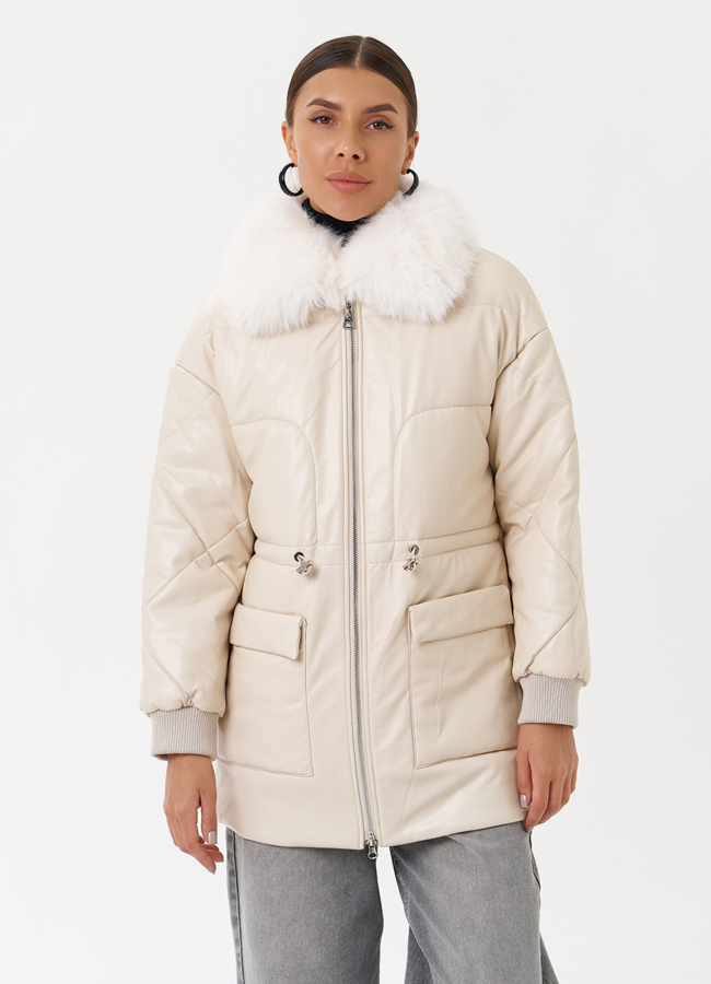 фото Пуховик из эко кожи с мехом песца модель № 25497