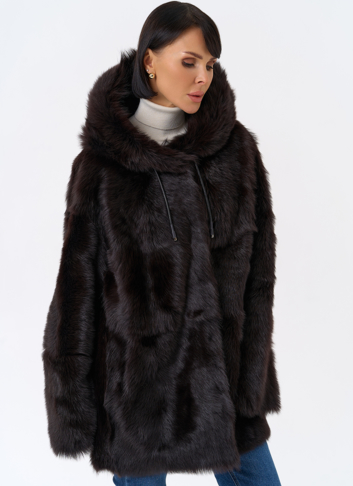 Женская двухсторонняя дубленка с капюшоном