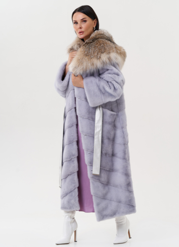 Женская норковая шуба с капюшоном из меха рыси
