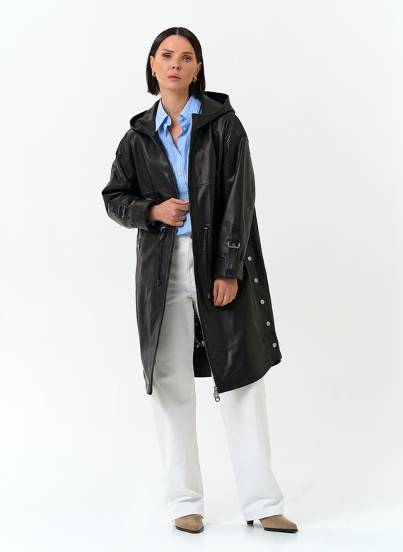 Женский плащ из натуральной кожи с капюшоном