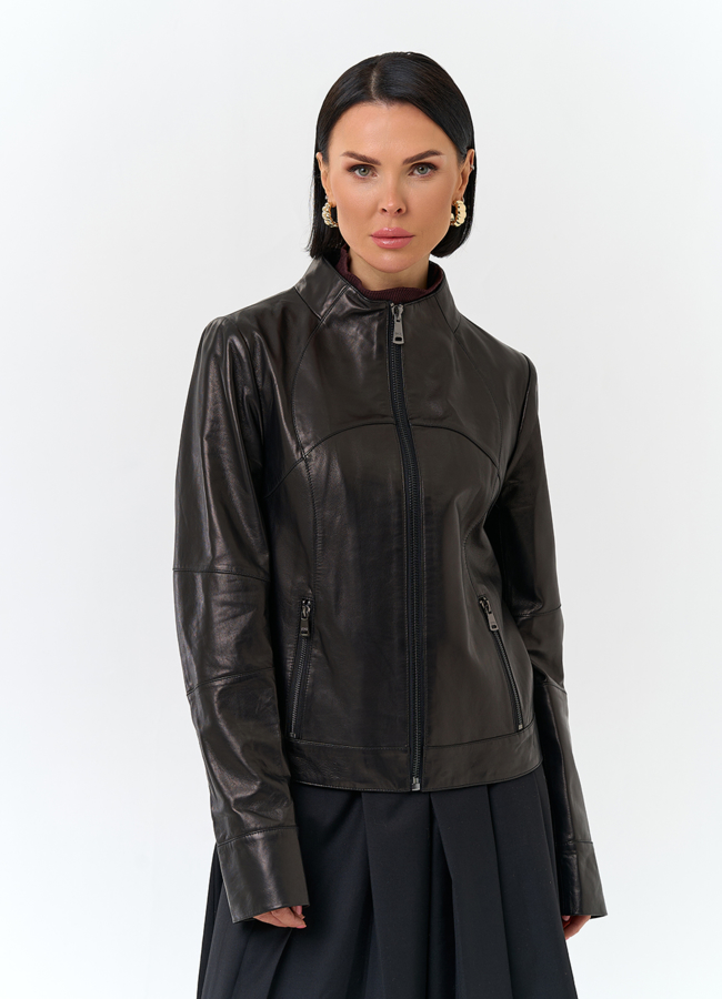 Женская куртка из натуральной кожи модель № 32750 меха малина