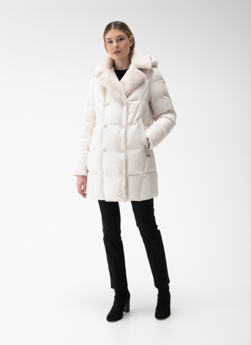 Комбинированный женский пуховик с капюшоном