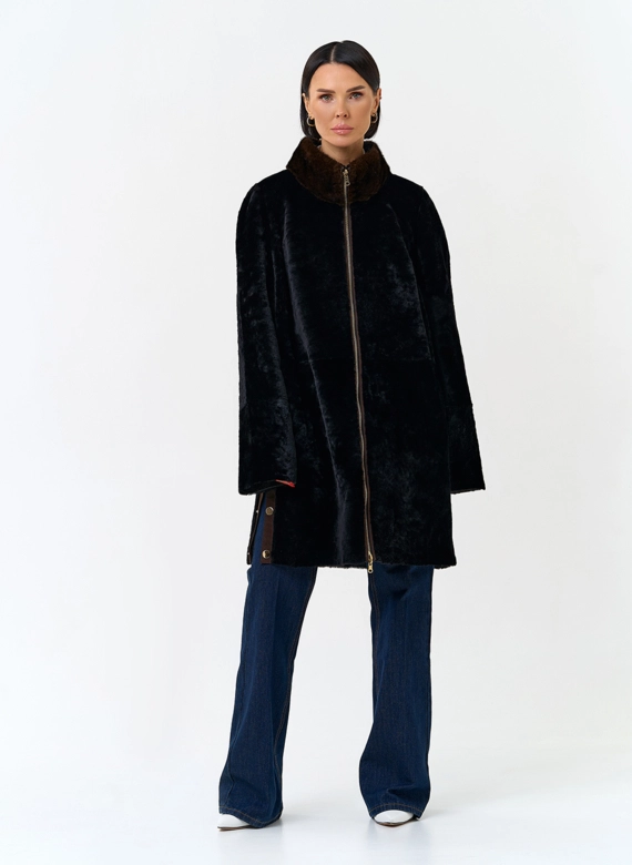 Женская натуральная дубленка с воротником стойкой