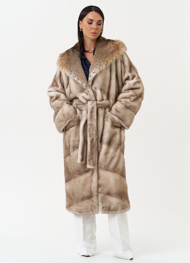 Женская шуба из меха норки с капюшоном из меха рыси модель № 31161 меха малина