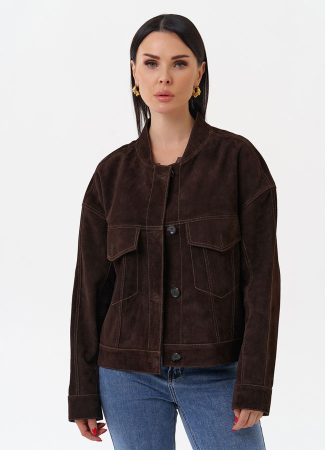 Куртка из замши коричневого цвета модель № 29927 меха малина