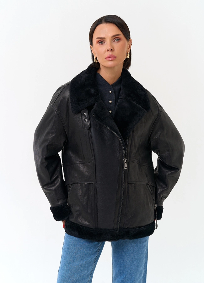 Натуральная дубленка с воротником стойкой модель № 34216 меха малина