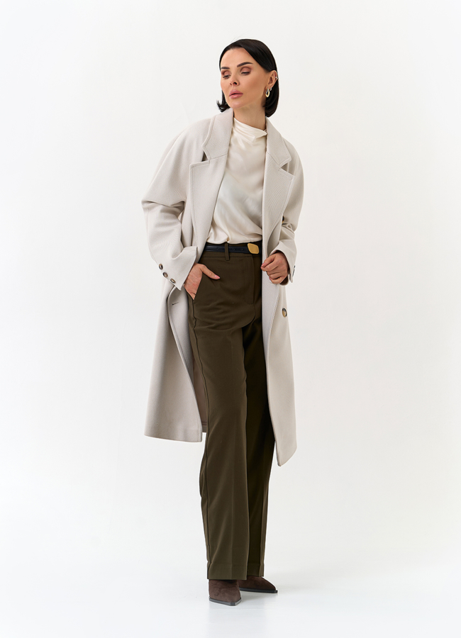 Светлое женское пальто с поясом модель № 32818 универмаг малина