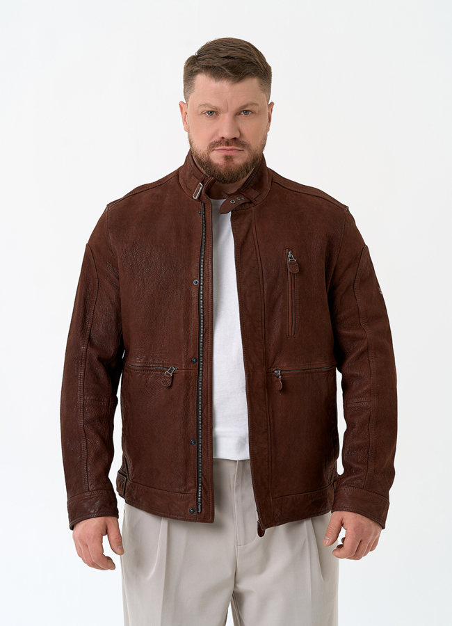 Мужская куртка из натуральной кожи коричневого цвета модель № 32746 универмаг малина