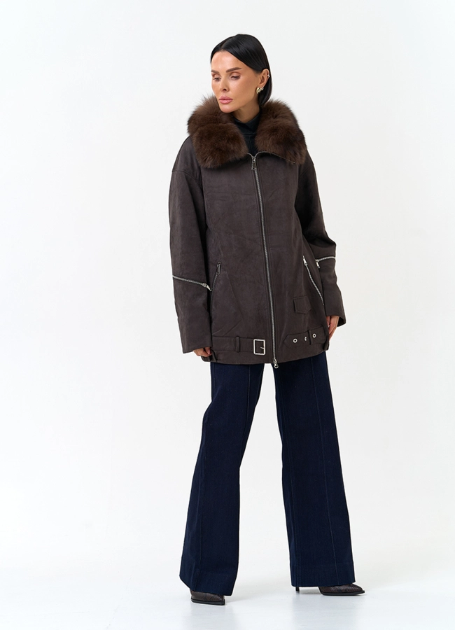 Женская куртка из эко замши с отделкой из песца модель № 34098 универмаг малина фото