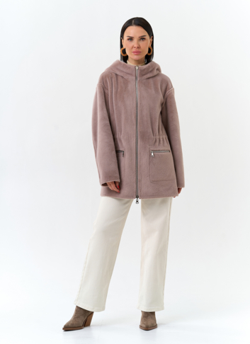 Двухсторонняя дубленка из эко замши с капюшоном