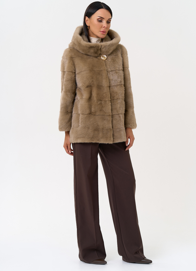 Поперечная норковая шуба с капюшоном модель № 31331 универмаг малина