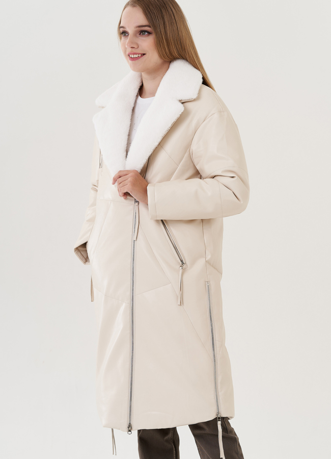 Пуховик женский из эко кожи с английским воротником в светлом цвете модель № 25467 универмаг малина