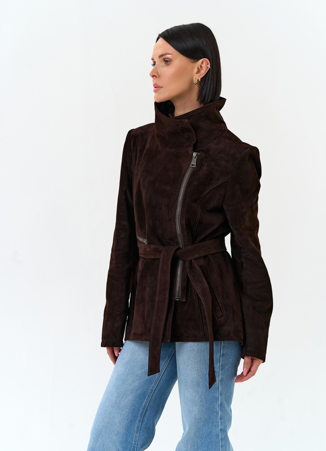 Женская куртка из натуральной замши с поясом модель № 33141 универмаг малина
