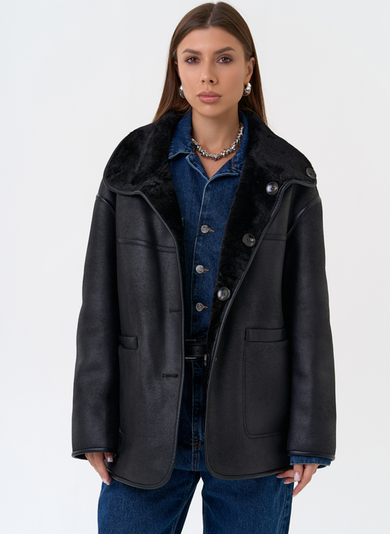 Женская двухсторонняя дубленка из эко замши в черном цвете
