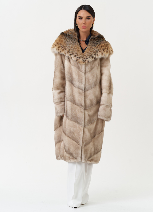 Женская шуба из меха норки с капюшоном из меха рыси модель № 31168 универмаг малина