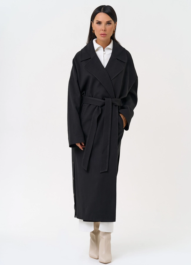 Женское пальто черного цвета с функциональными кнопками модель № 31408 универмаг малина