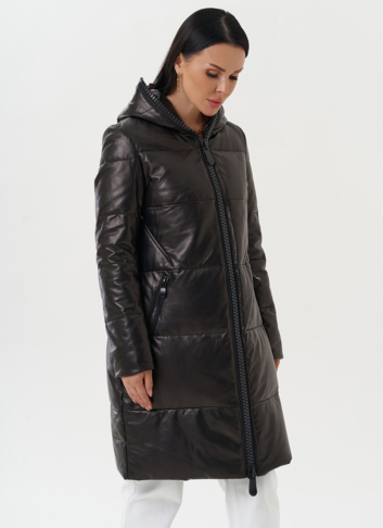 Кожаный пуховик с капюшоном