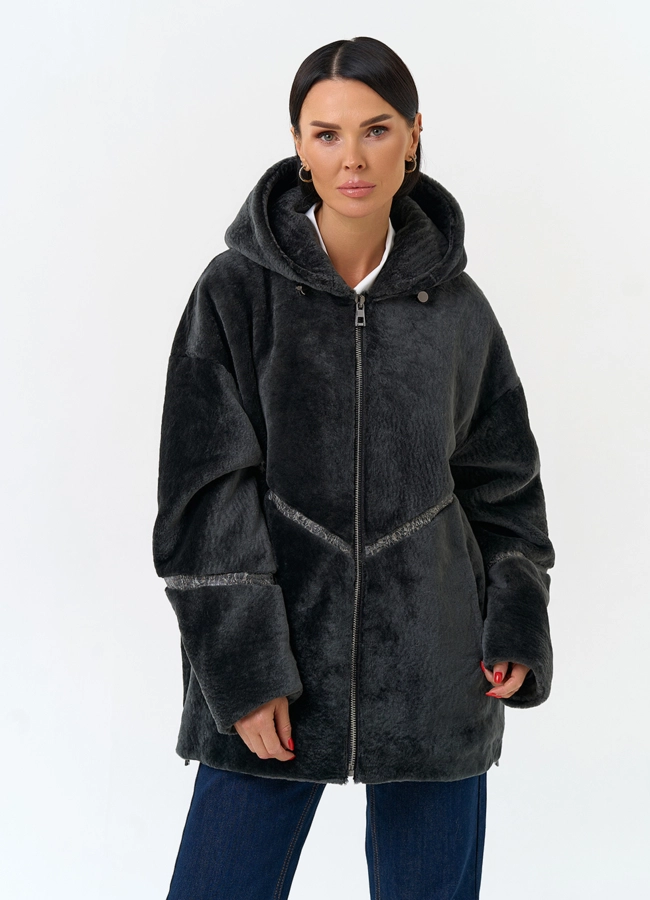 Женская натуральная дубленка с капюшоном модель № 34132 универмаг малина