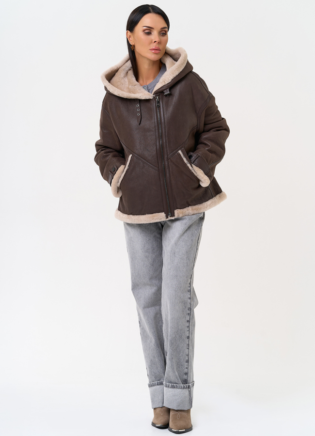 фото Натуральная дубленка с капюшоном модель № 31358