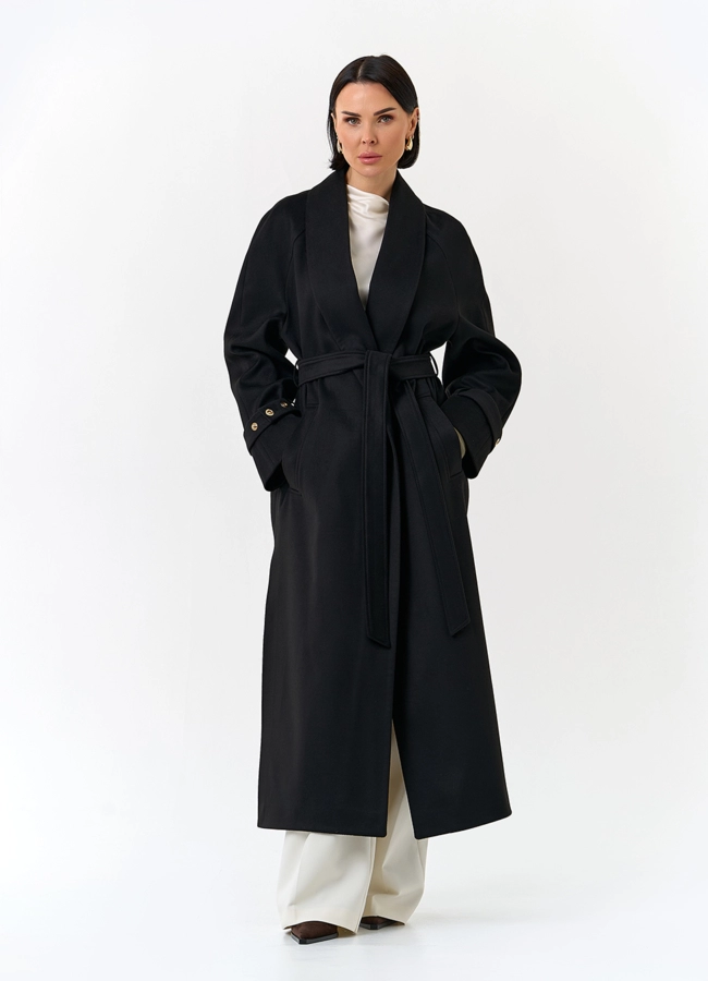 Женское длинное пальто с поясом модель № 32851 меха малина