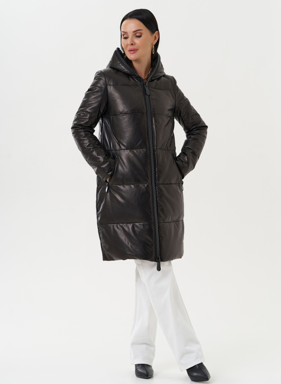 Кожаный пуховик с капюшоном