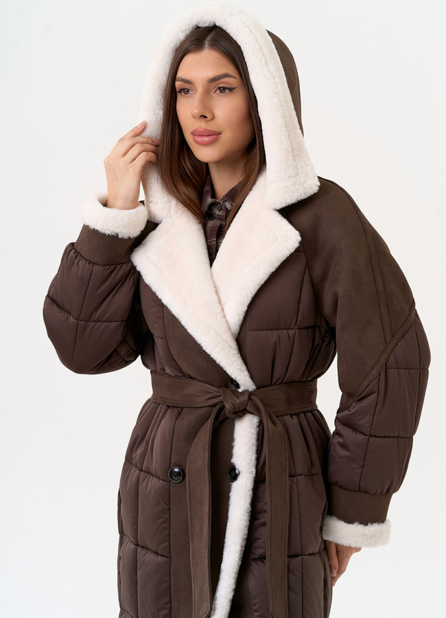 Комбинированный пуховик из эко кожи модель № 31692 универмаг малина