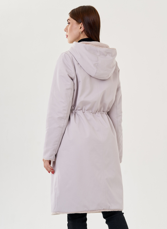 Двухстороннее пальто из эко меха с капюшоном