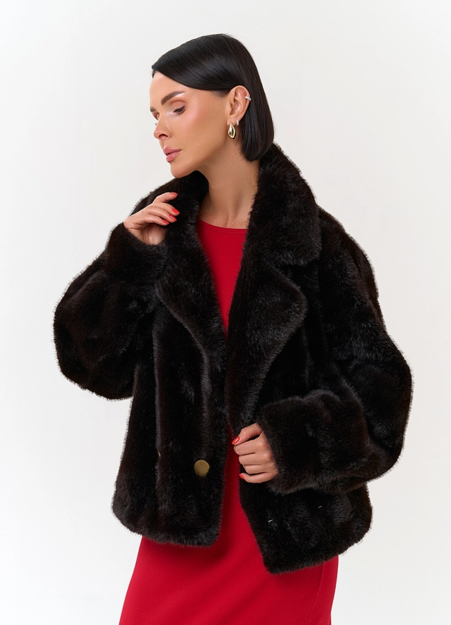 Женское двубортное пальто из эко меха модель № 33866 универмаг малина фото