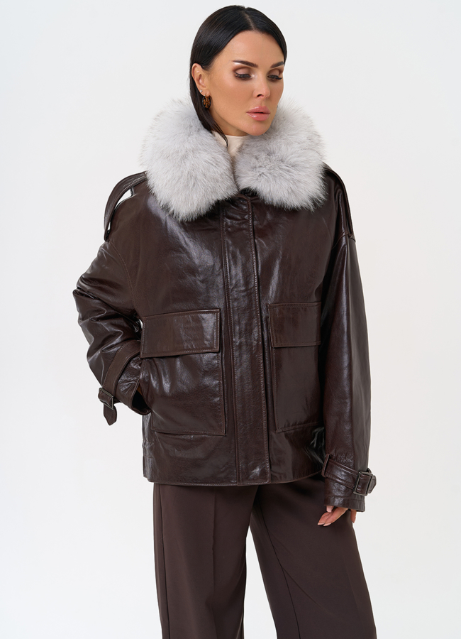 Короткий пуховик из натуральной кожи модель № 31371 универмаг малина