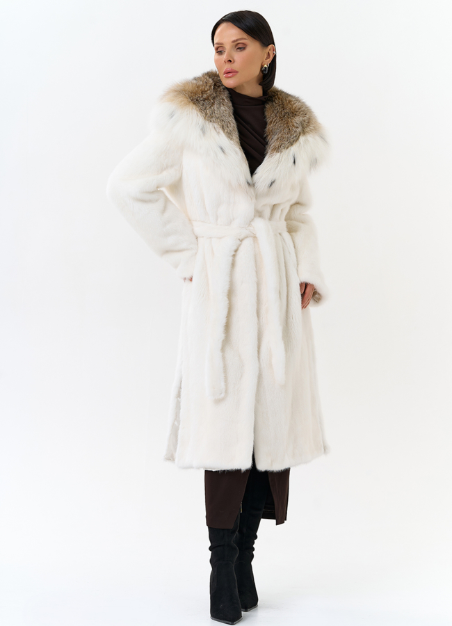 Шуба из белой  норки с капюшоном из рыси модель № 25001 в рассрочку