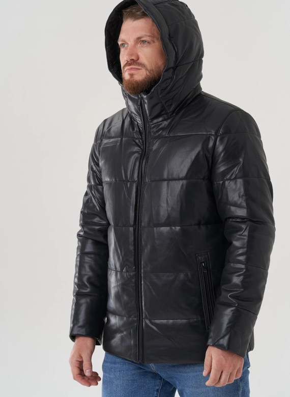 Пуховик мужской из эко кожи с капюшоном 