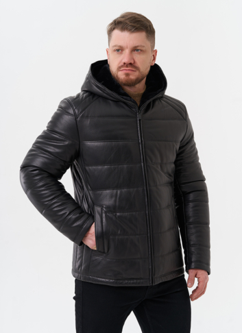 Пуховик из натуральной кожи с отделкой из мутона