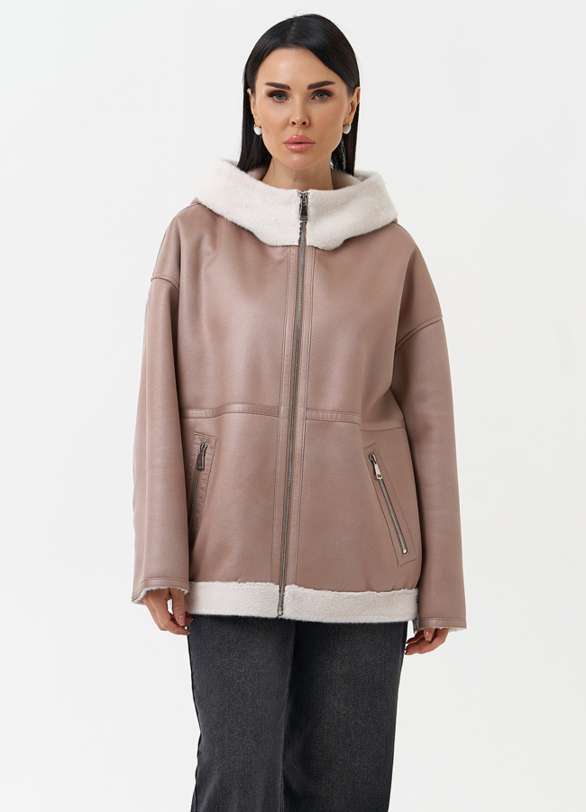 Женская дубленка из эко замши с капюшоном модель № 30209 в кредит