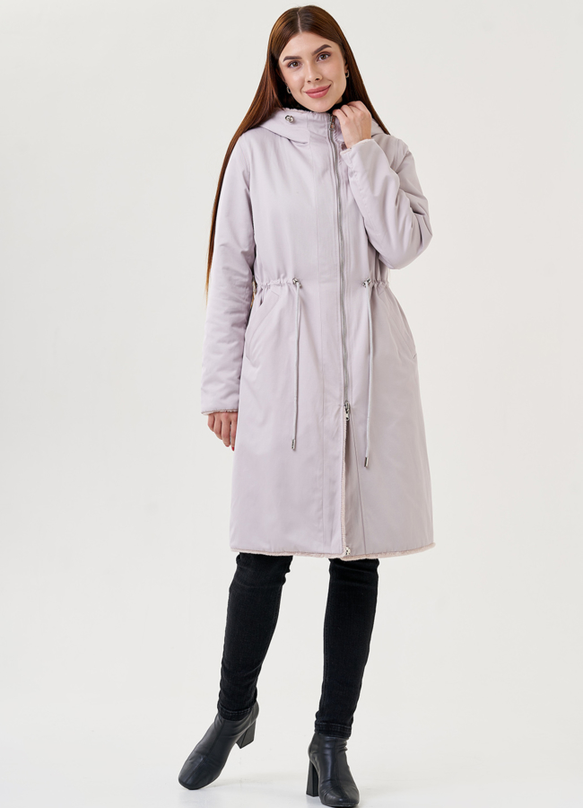 Двухстороннее пальто из эко меха с капюшоном модель № 25354 универмаг малина