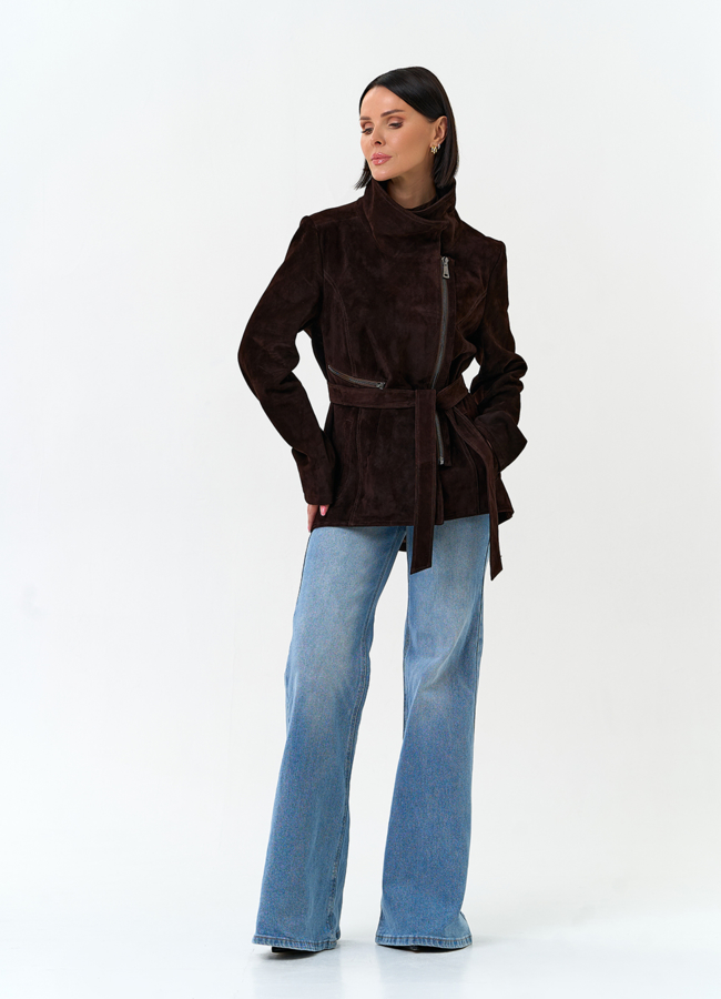 фото Женская куртка из натуральной замши с поясом модель № 33141