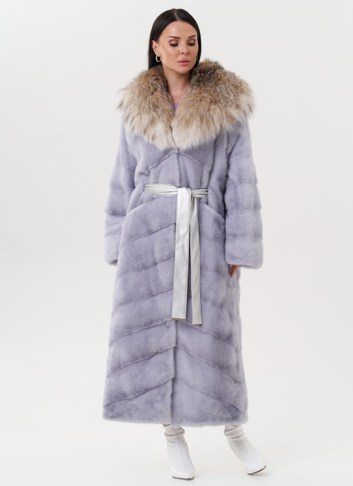 Женская норковая шуба с капюшоном из меха рыси